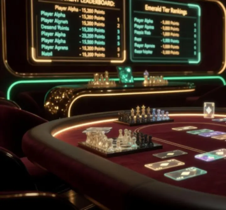 Bársonyos, sötét gaming lounge hangulat arany és smaragdzöld fényekkel