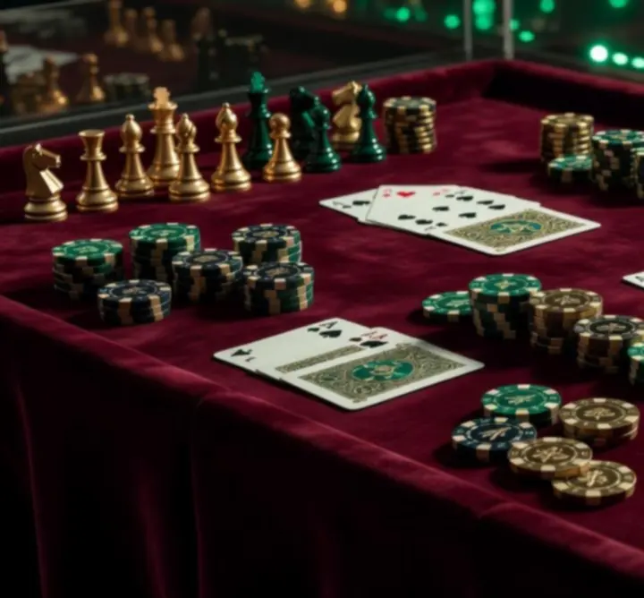 Digitális versenyasztal poker chipekkel, kártyákkal és sakktáblával